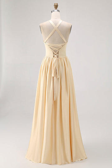Daffodil Halter A Line Satin Long Bridesmaid Dress with Slit